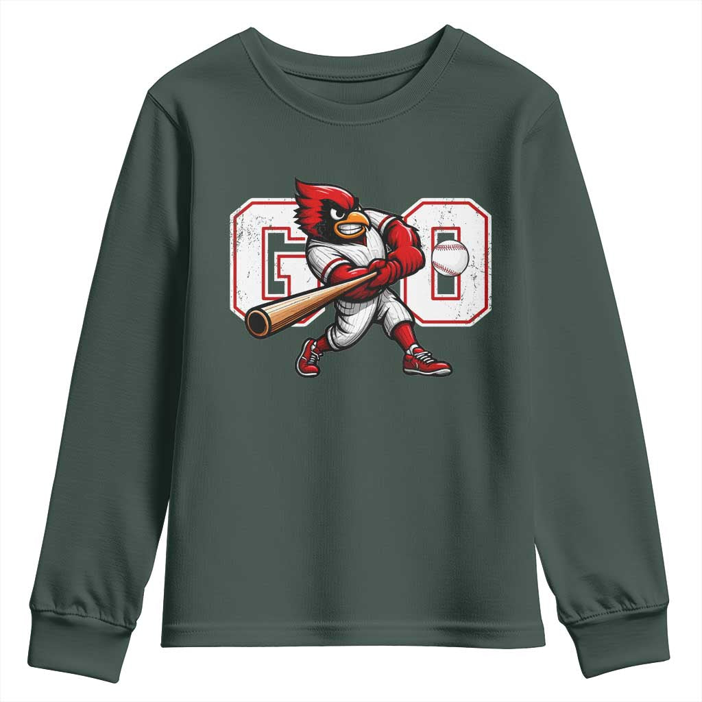 Go Cardinal Playing Baseball Graphic Youth Sweatshirt for Sports Fan TS11 Dark Forest Green Print Your Wear