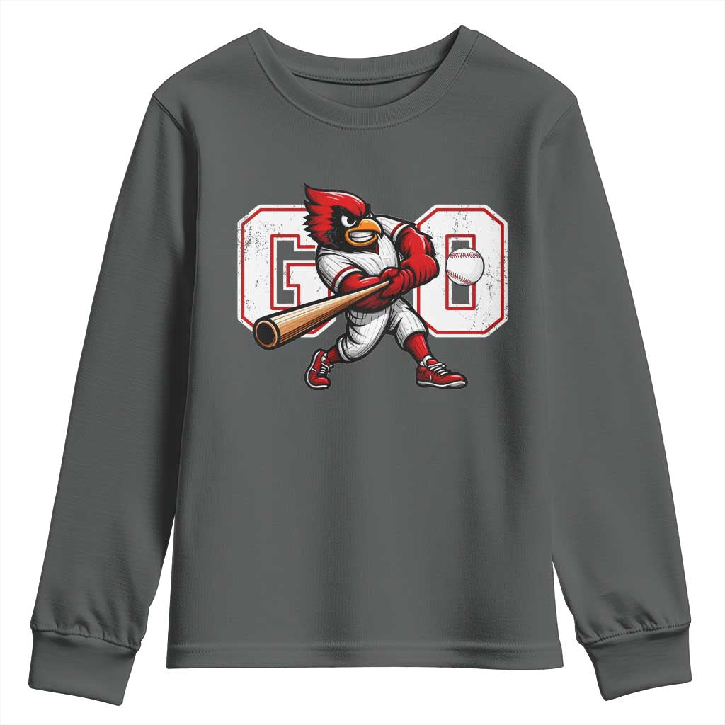 Go Cardinal Playing Baseball Graphic Youth Sweatshirt for Sports Fan TS11 Dark Heather Print Your Wear