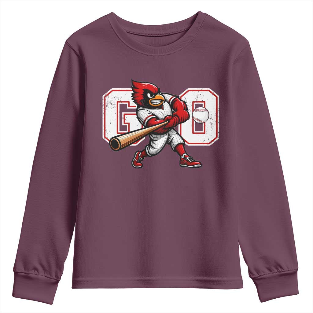 Go Cardinal Playing Baseball Graphic Youth Sweatshirt for Sports Fan TS11 Maroon Print Your Wear