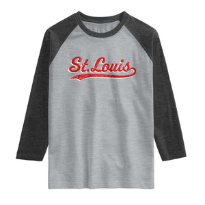 St Louis Sports Script Retro Baseball Lovers Proud City Raglan Shirt TS11 Heather Gray Heather Charcoal Print Your Wear