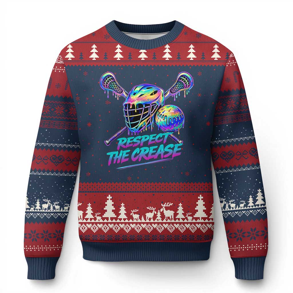 Respect The Crease Lacrosse Drip Ugly Christmas Sweater Funny Lax Goalie TS11 Navy Red Print Your Wear