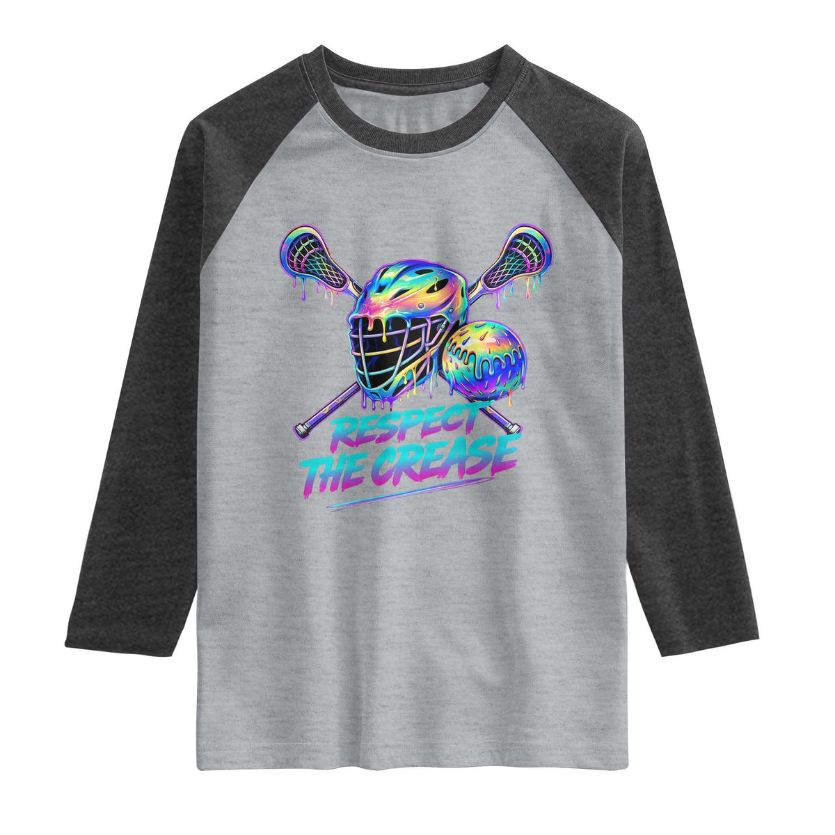 Respect The Crease Lacrosse Drip Raglan Shirt Funny Lax Goalie TS11 Heather Gray Heather Charcoal Print Your Wear