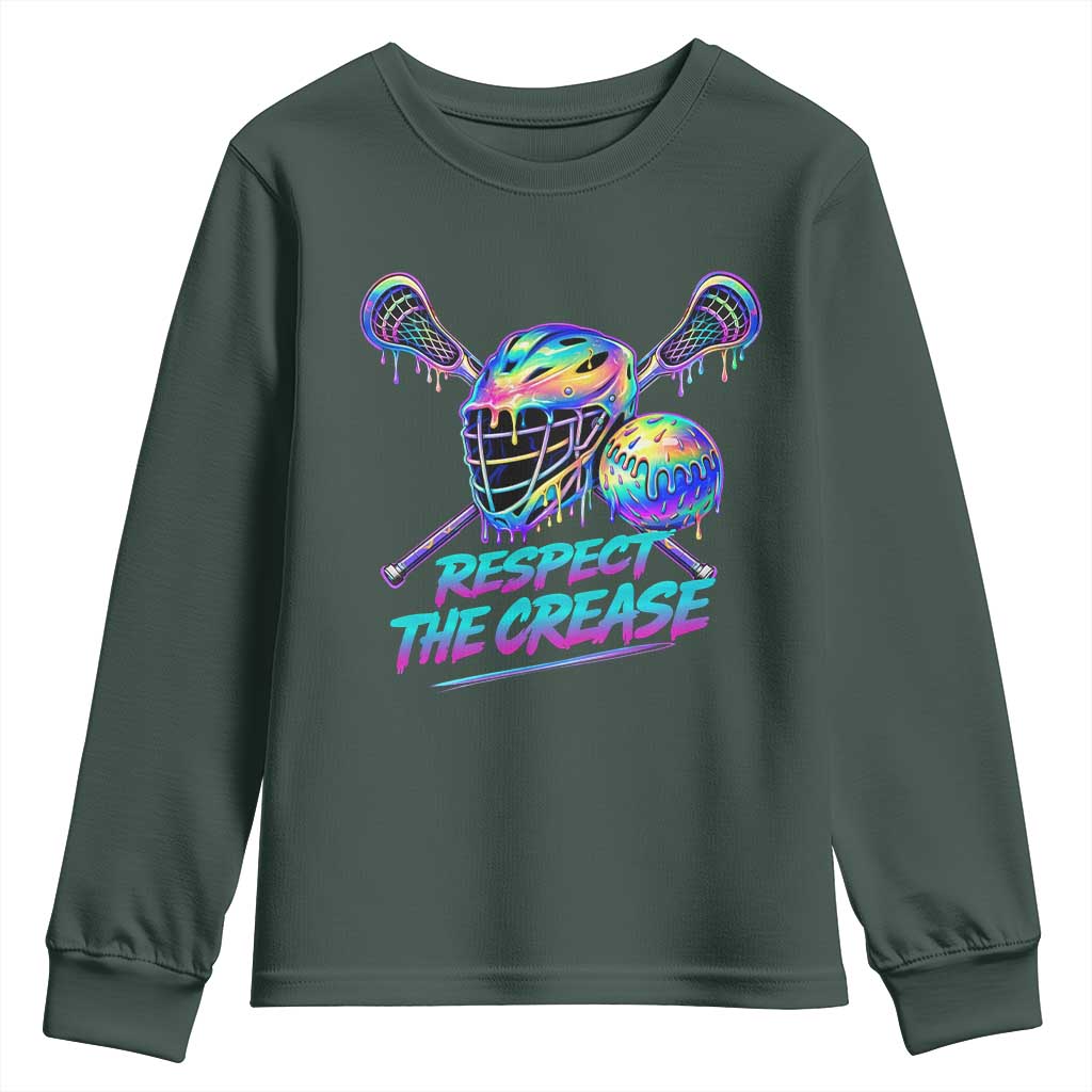 Respect The Crease Lacrosse Drip Youth Sweatshirt Funny Lax Goalie TS11 Dark Forest Green Print Your Wear