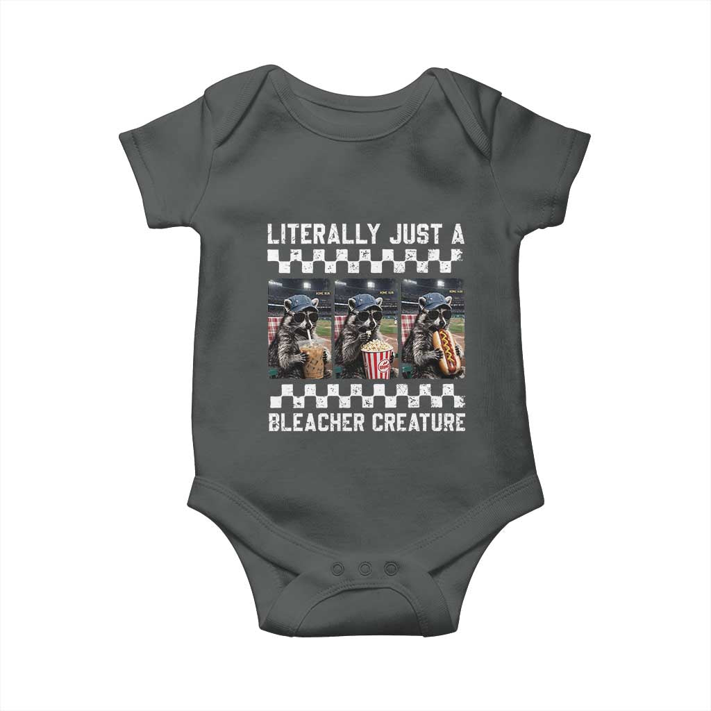 Baseball Raccoon Literally Just a Bleacher Creature Baby Onesie Funny Trash Panda At Ballfield TS11 Dark Heather Print Your Wear