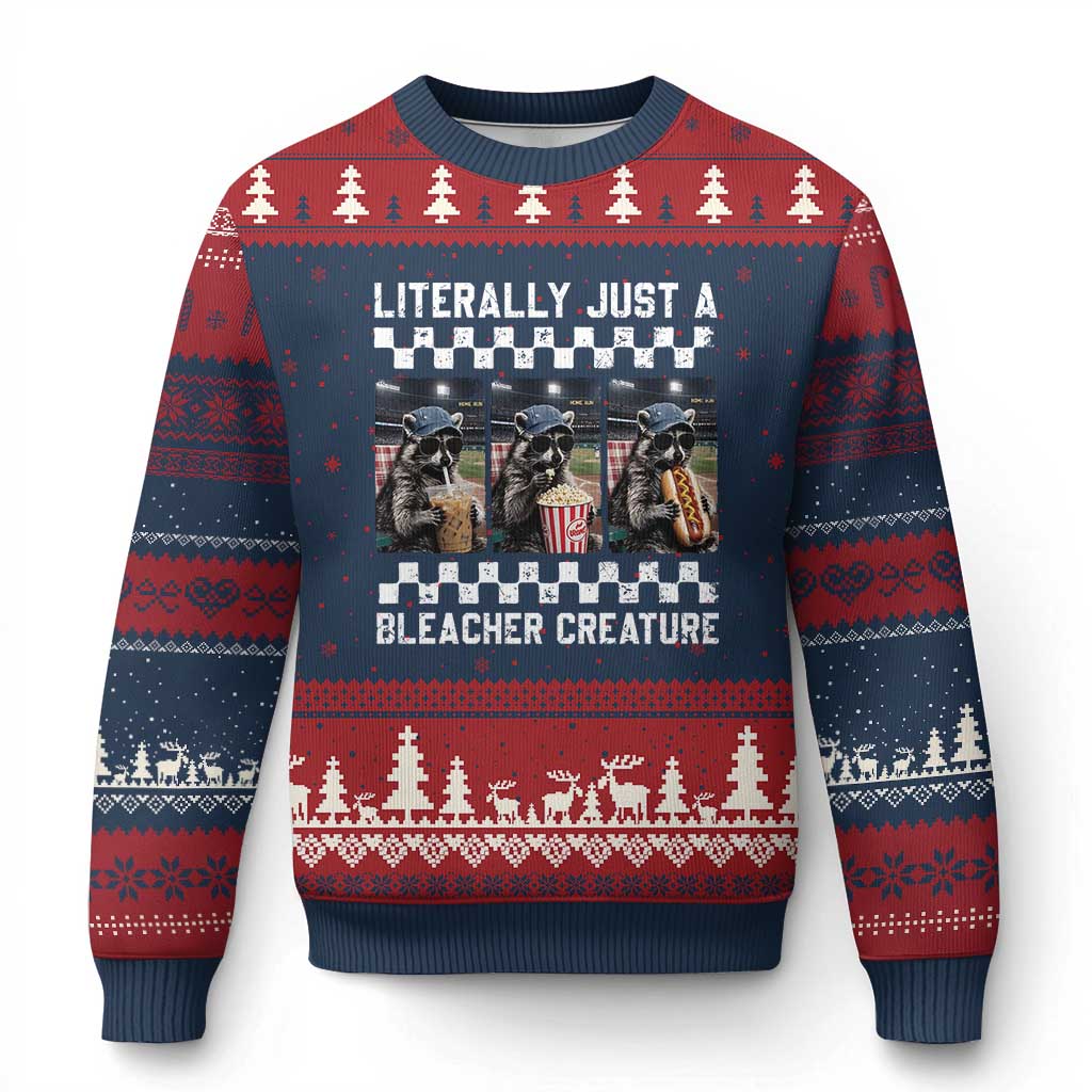 Baseball Raccoon Literally Just a Bleacher Creature Ugly Christmas Sweater Funny Trash Panda At Ballfield TS11 Navy Red Print Your Wear
