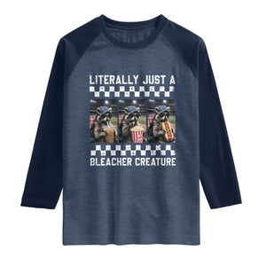 Baseball Raccoon Literally Just a Bleacher Creature Raglan Shirt Funny Trash Panda At Ballfield TS11 Heather Denim Navy Print Your Wear