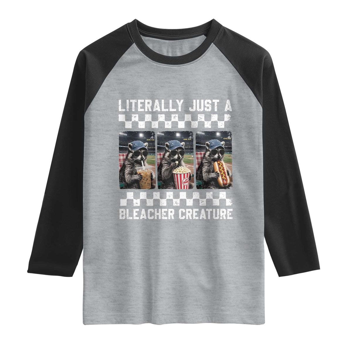 Baseball Raccoon Literally Just a Bleacher Creature Raglan Shirt Funny Trash Panda At Ballfield TS11 Heather Gray Black Print Your Wear