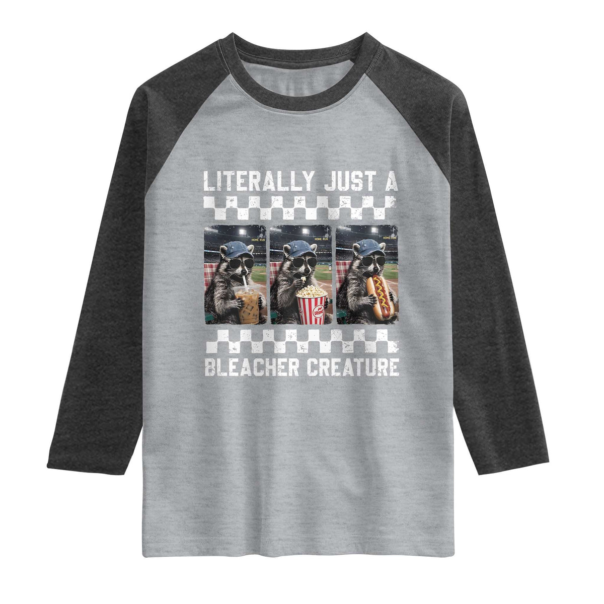Baseball Raccoon Literally Just a Bleacher Creature Raglan Shirt Funny Trash Panda At Ballfield TS11 Heather Gray Heather Charcoal Print Your Wear
