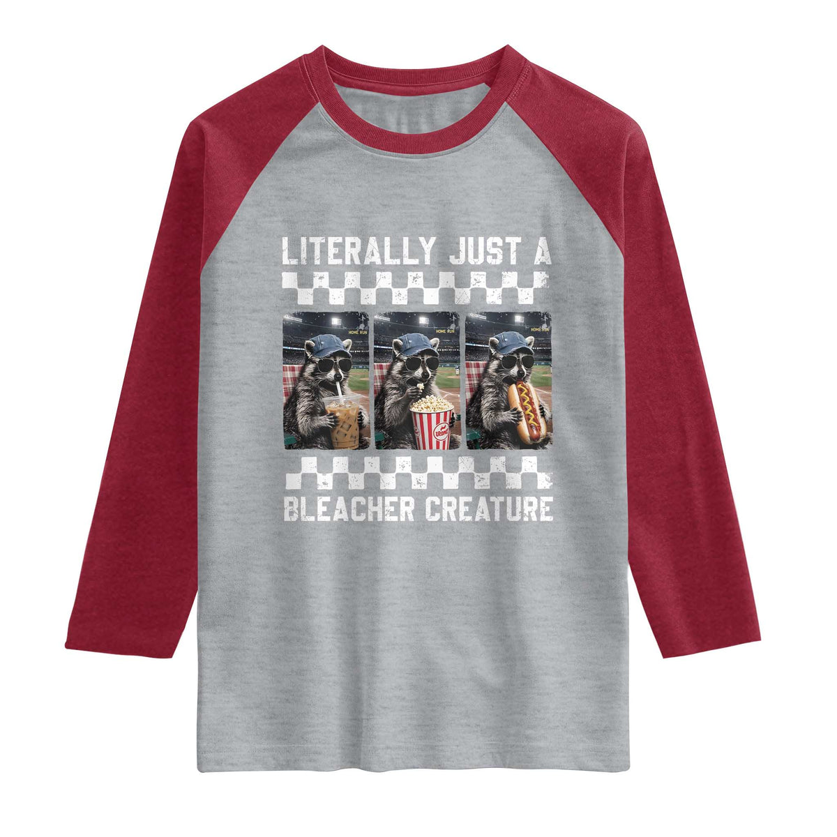 Baseball Raccoon Literally Just a Bleacher Creature Raglan Shirt Funny Trash Panda At Ballfield TS11 Heather Gray Heather Red Print Your Wear