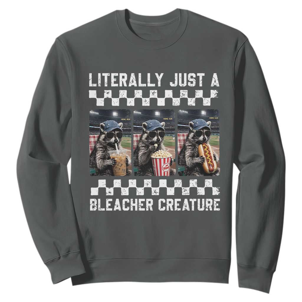 Baseball Raccoon Literally Just a Bleacher Creature Sweatshirt Funny Trash Panda At Ballfield TS11 Dark Heather Print Your Wear