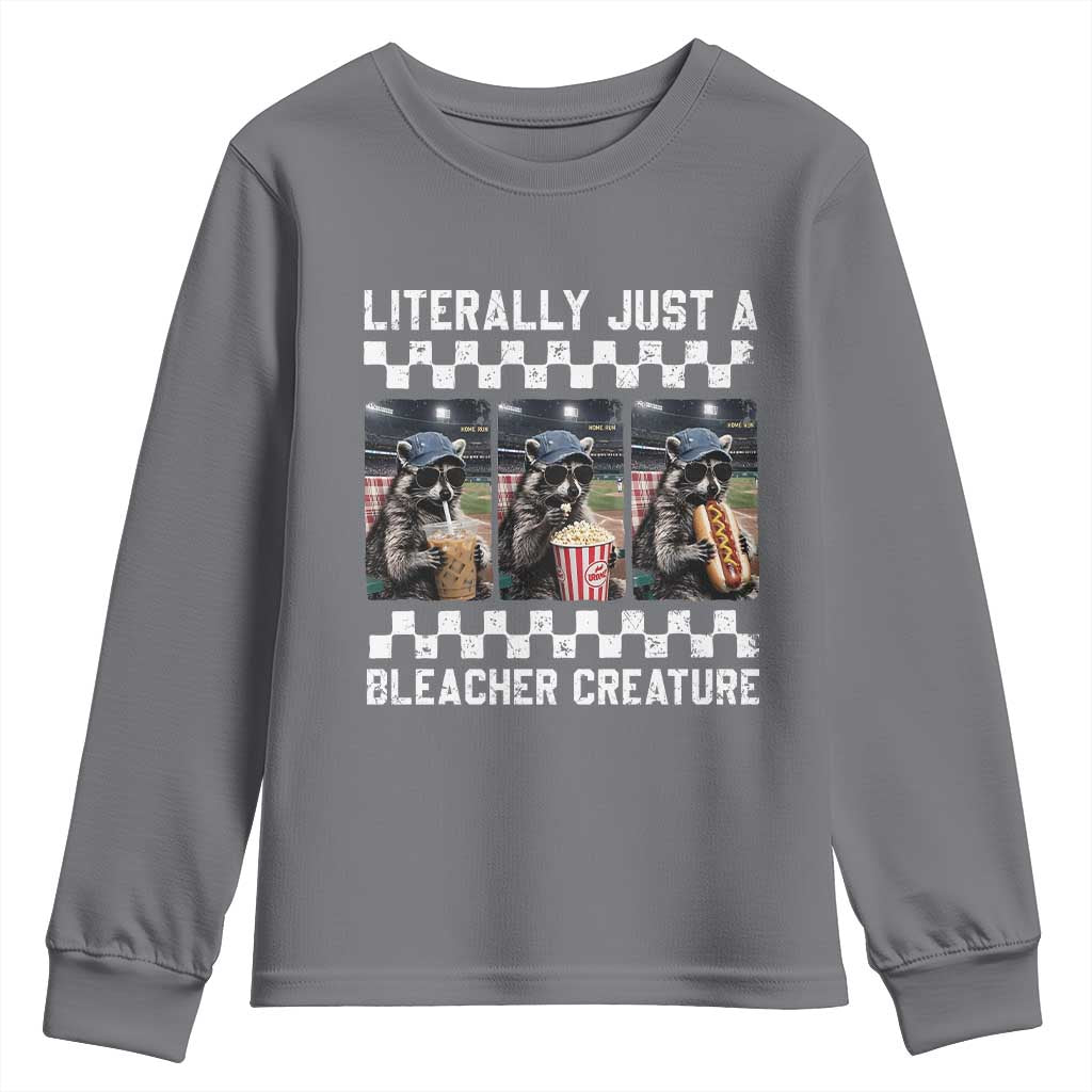 Baseball Raccoon Literally Just a Bleacher Creature Youth Sweatshirt Funny Trash Panda At Ballfield TS11 Charcoal Print Your Wear