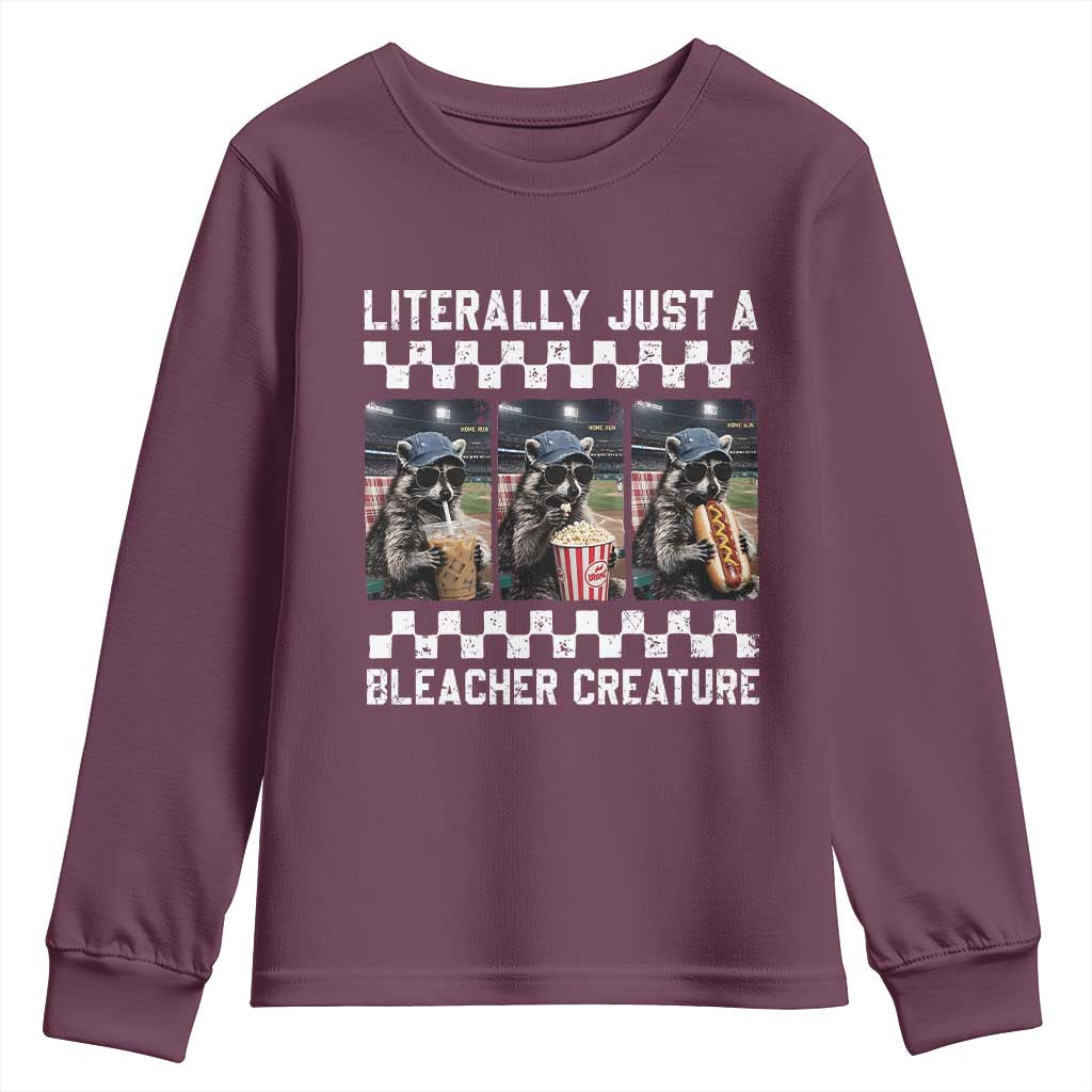 Baseball Raccoon Literally Just a Bleacher Creature Youth Sweatshirt Funny Trash Panda At Ballfield TS11 Maroon Print Your Wear