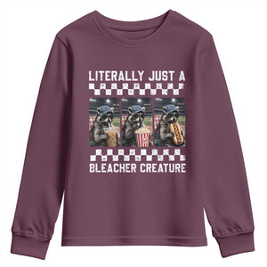 Baseball Raccoon Literally Just a Bleacher Creature Youth Sweatshirt Funny Trash Panda At Ballfield TS11 Maroon Print Your Wear