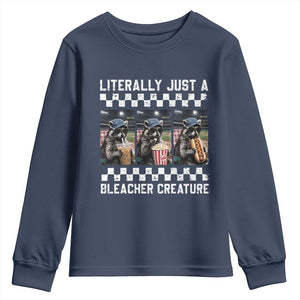 Baseball Raccoon Literally Just a Bleacher Creature Youth Sweatshirt Funny Trash Panda At Ballfield TS11 Navy Print Your Wear