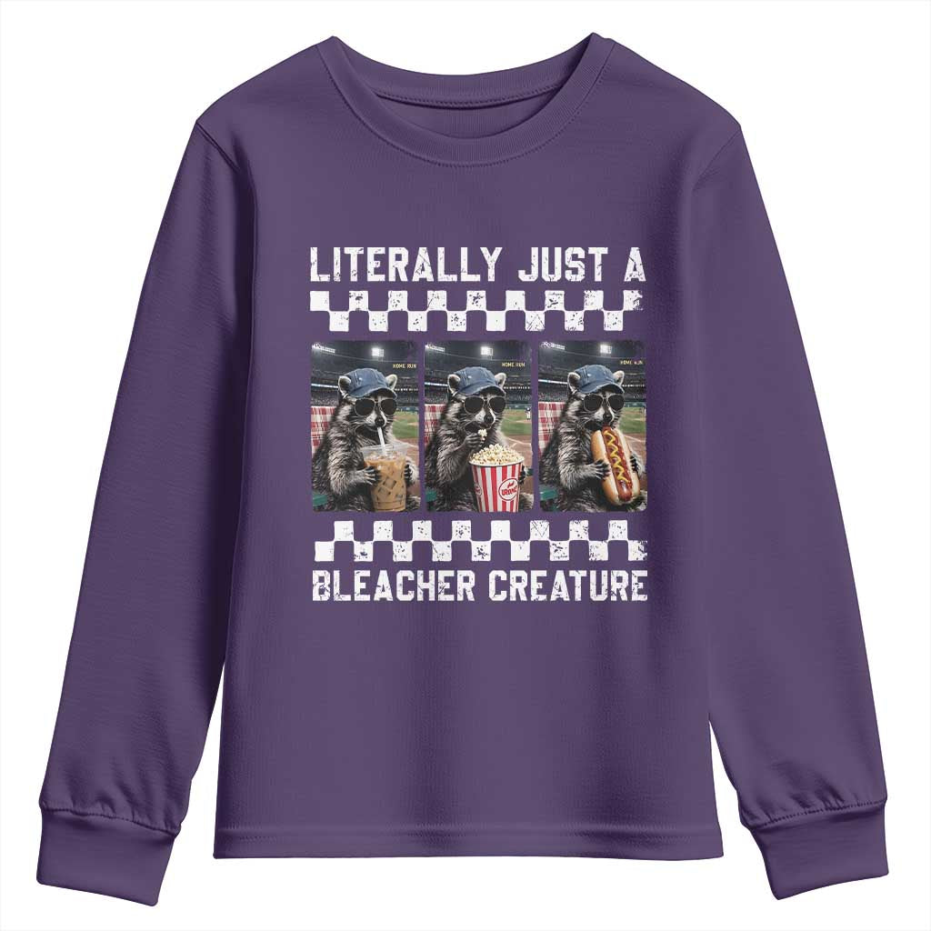 Baseball Raccoon Literally Just a Bleacher Creature Youth Sweatshirt Funny Trash Panda At Ballfield TS11 Purple Print Your Wear