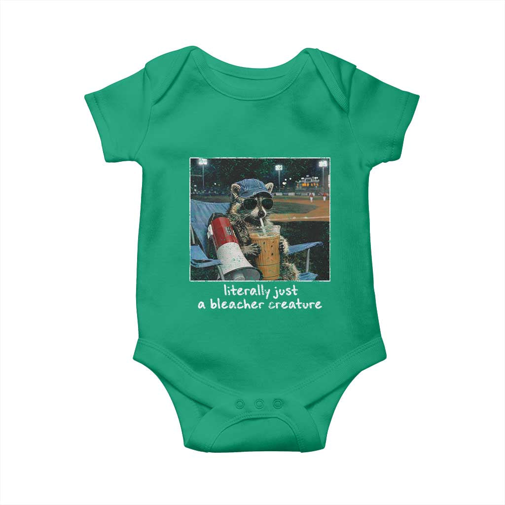 Baseball Raccoon Literally Just a Bleacher Creature Baby Onesie Funny Trash Panda Drinking Iced Coffee Ballfield TS11 Irish Green Print Your Wear