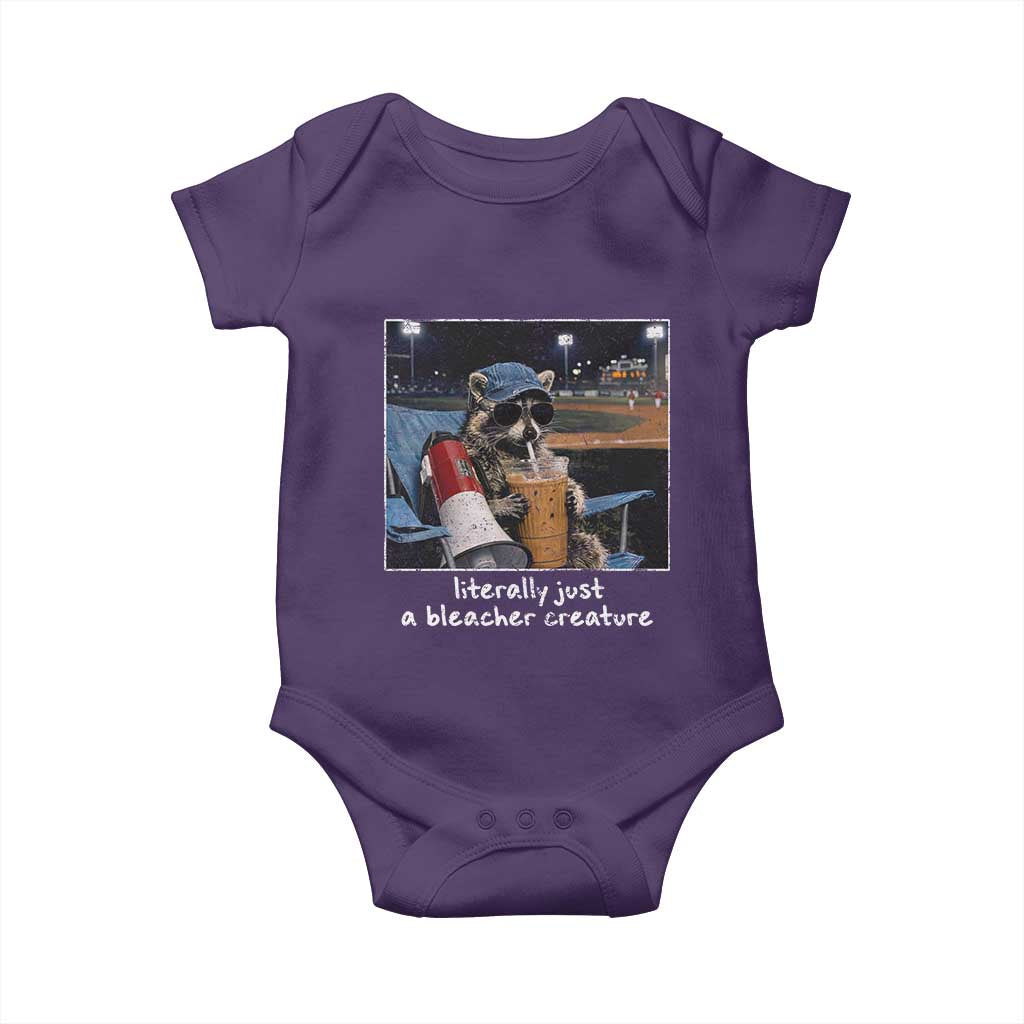 Baseball Raccoon Literally Just a Bleacher Creature Baby Onesie Funny Trash Panda Drinking Iced Coffee Ballfield TS11 Purple Print Your Wear