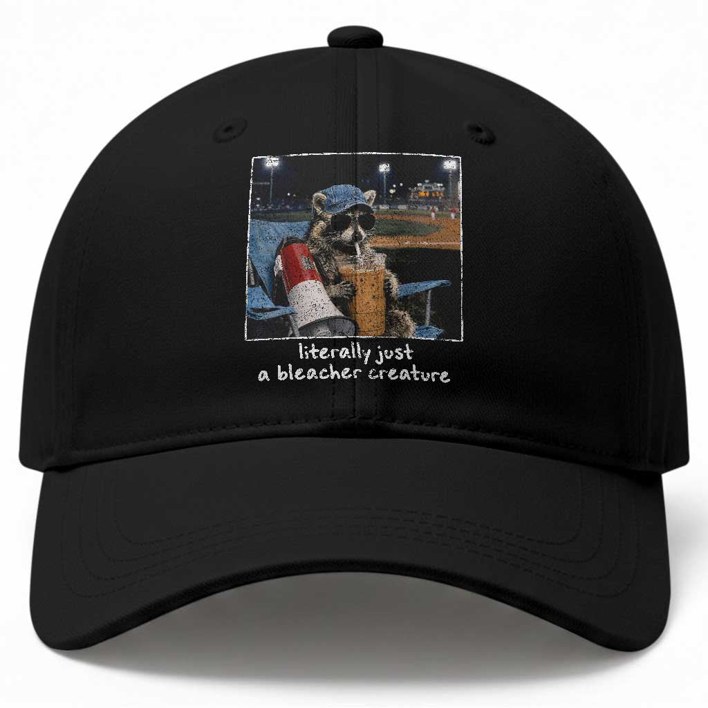 Baseball Raccoon Literally Just a Bleacher Creature Baseball Cap Funny Trash Panda Drinking Iced Coffee Ballfield TS11 Print Your Wear
