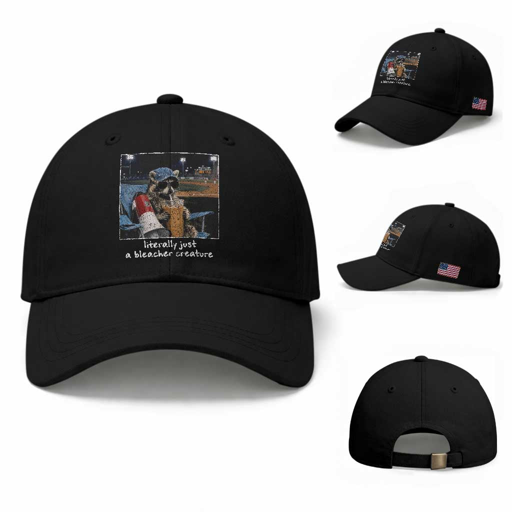 Baseball Raccoon Literally Just a Bleacher Creature Baseball Cap Funny Trash Panda Drinking Iced Coffee Ballfield TS11 Baseball Cap Universal Fit Black Print Your Wear