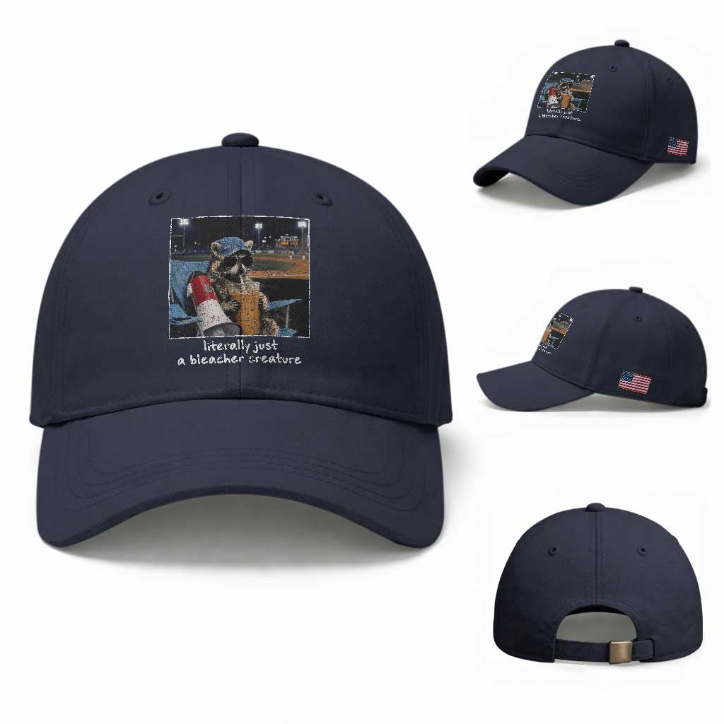 Baseball Raccoon Literally Just a Bleacher Creature Baseball Cap Funny Trash Panda Drinking Iced Coffee Ballfield TS11 Baseball Cap Universal Fit Navy Print Your Wear