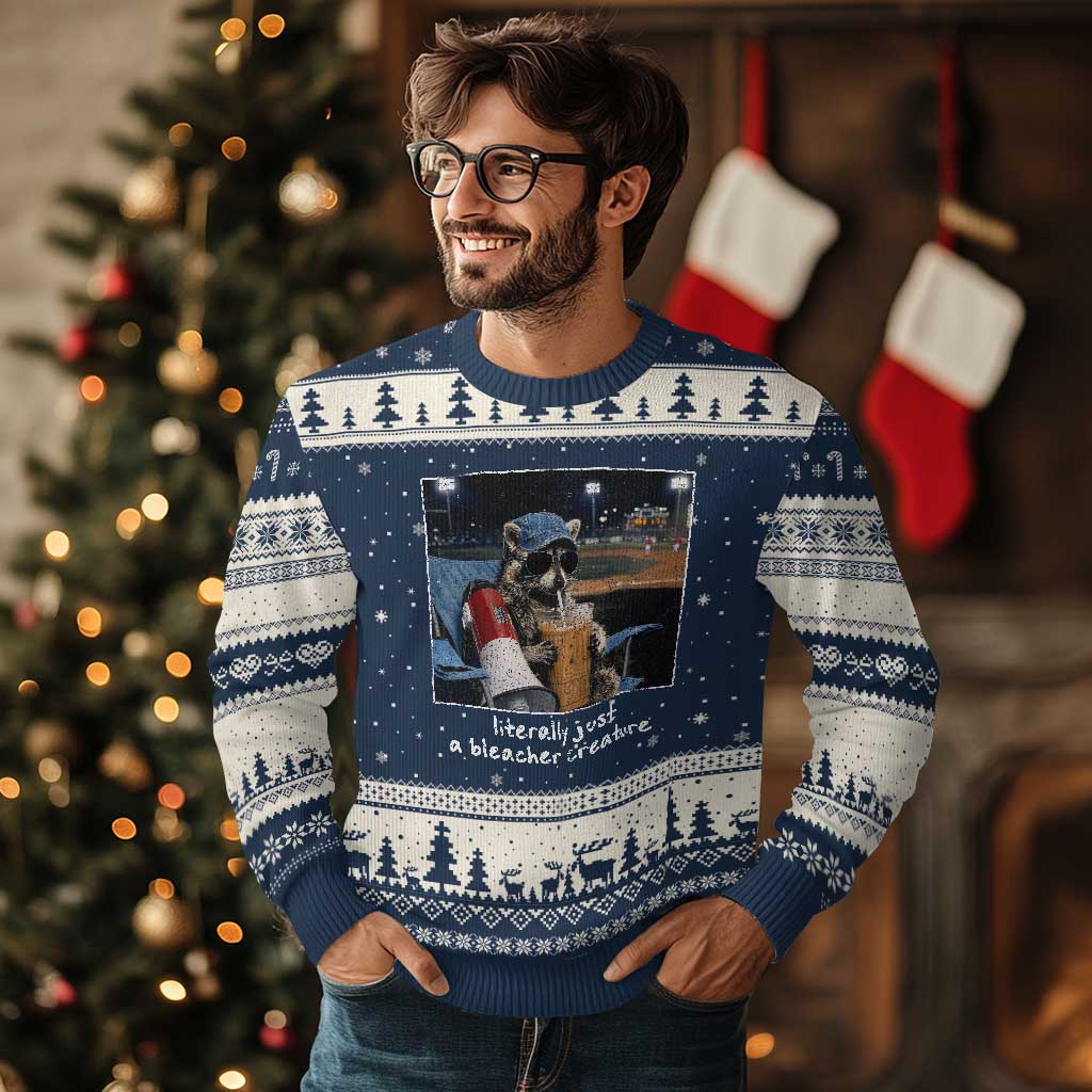 Baseball Raccoon Literally Just a Bleacher Creature Ugly Christmas Sweater Funny Trash Panda Drinking Iced Coffee Ballfield TS11 Navy Beige Print Your Wear