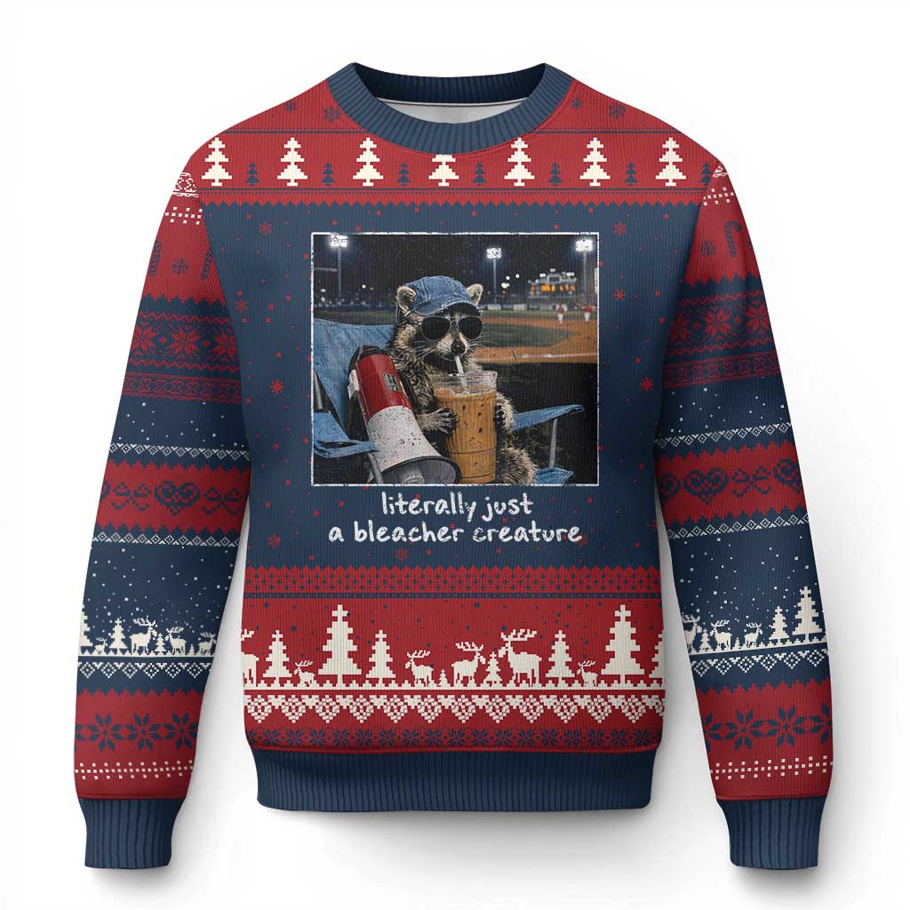 Baseball Raccoon Literally Just a Bleacher Creature Ugly Christmas Sweater Funny Trash Panda Drinking Iced Coffee Ballfield TS11 Navy Red Print Your Wear