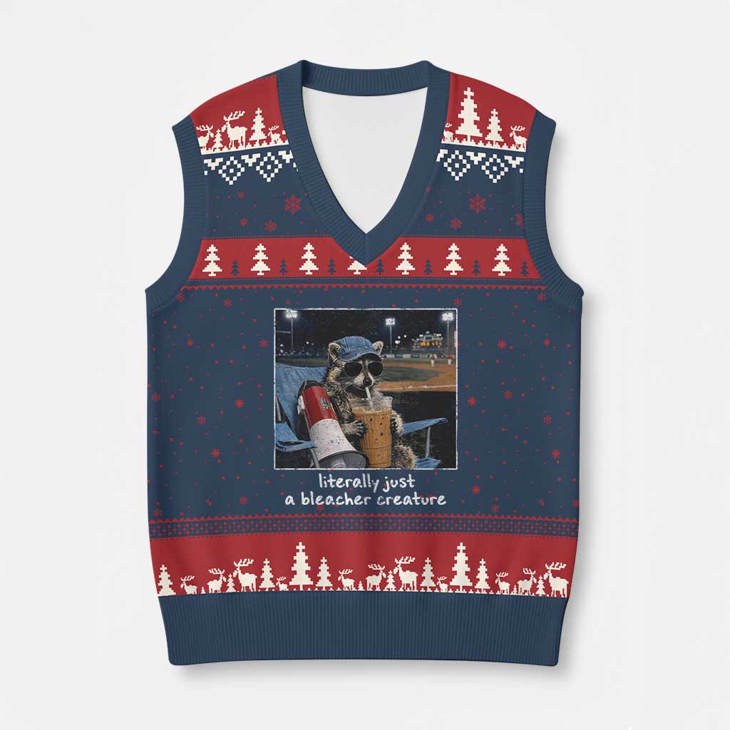 Baseball Raccoon Literally Just a Bleacher Creature V-Neck Knit Sweater Vest Funny Trash Panda Drinking Iced Coffee Ballfield TS11 Navy Red Print Your Wear