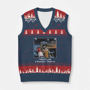 Baseball Raccoon Literally Just a Bleacher Creature V-Neck Knit Sweater Vest Funny Trash Panda Drinking Iced Coffee Ballfield TS11 Navy Red Print Your Wear