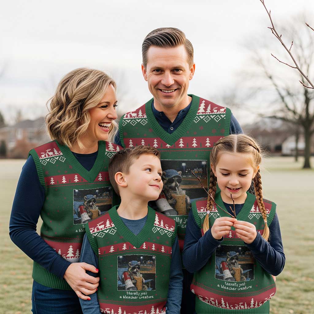 Baseball Raccoon Literally Just a Bleacher Creature V-Neck Knit Sweater Vest Funny Trash Panda Drinking Iced Coffee Ballfield TS11 Red Green Print Your Wear