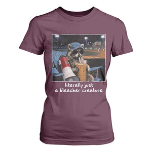 Baseball Raccoon Literally Just a Bleacher Creature T Shirt For Women Funny Trash Panda Drinking Iced Coffee Ballfield TS11 Maroon Print Your Wear