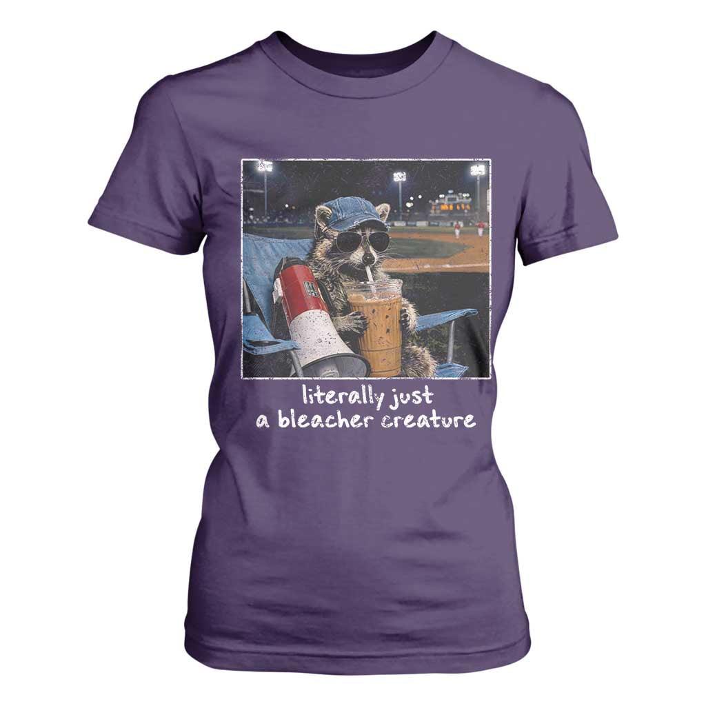 Baseball Raccoon Literally Just a Bleacher Creature T Shirt For Women Funny Trash Panda Drinking Iced Coffee Ballfield TS11 Purple Print Your Wear