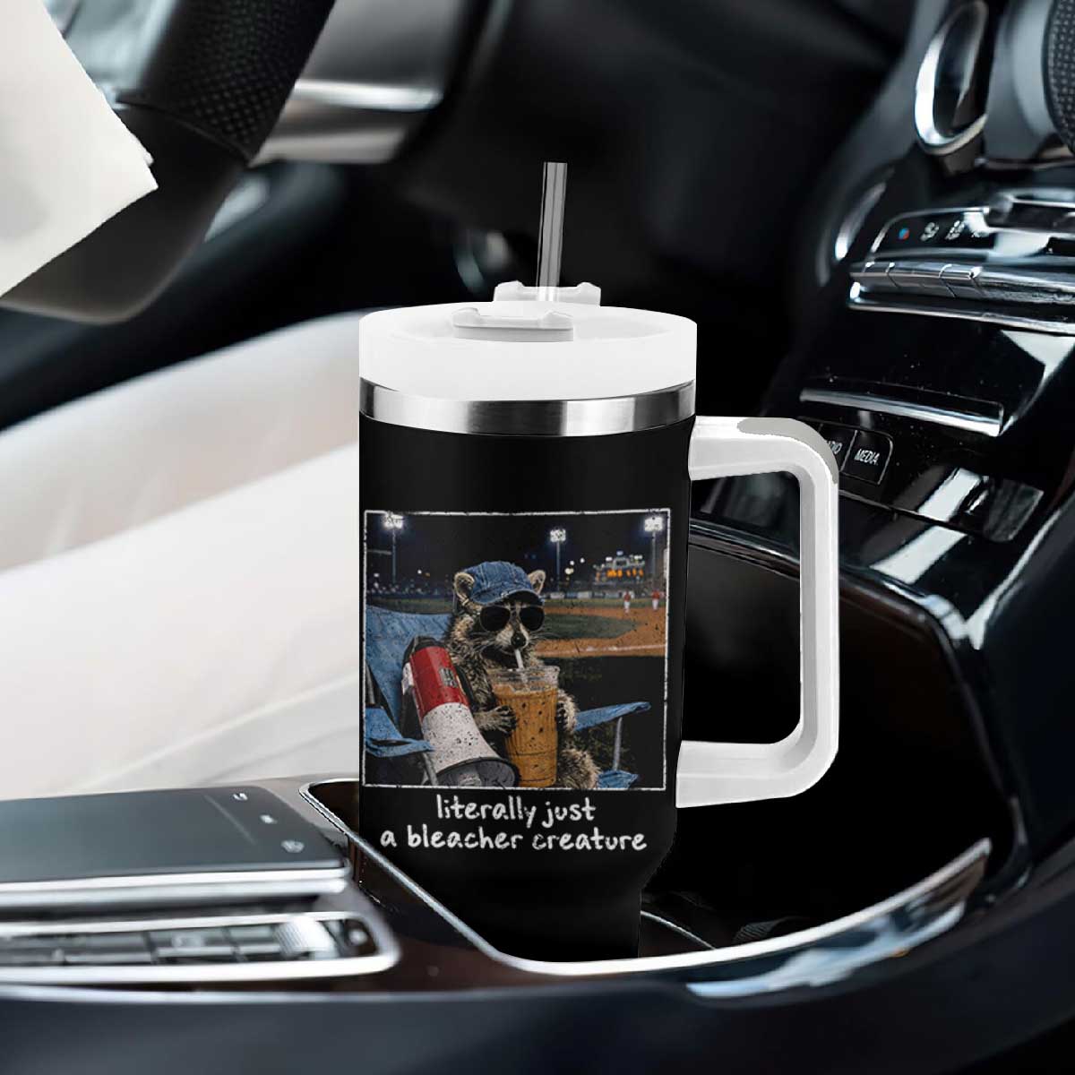 Baseball Raccoon Literally Just a Bleacher Creature Tumbler With Handle Funny Trash Panda Drinking Iced Coffee Ballfield TS11 Print Your Wear