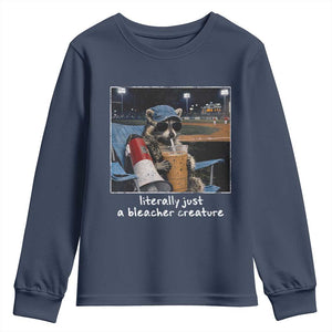 Baseball Raccoon Literally Just a Bleacher Creature Youth Sweatshirt Funny Trash Panda Drinking Iced Coffee Ballfield TS11 Navy Print Your Wear