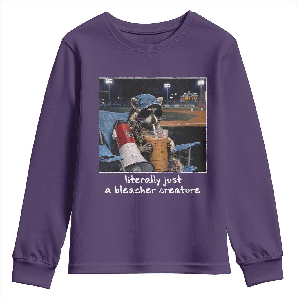 Baseball Raccoon Literally Just a Bleacher Creature Youth Sweatshirt Funny Trash Panda Drinking Iced Coffee Ballfield TS11 Purple Print Your Wear