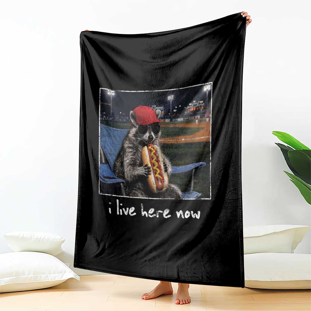 Baseball Raccoon I Live Here Now Throw Blanket Funny Trash Panda Eating Hot Dog Ballfield TS11 Print Your Wear