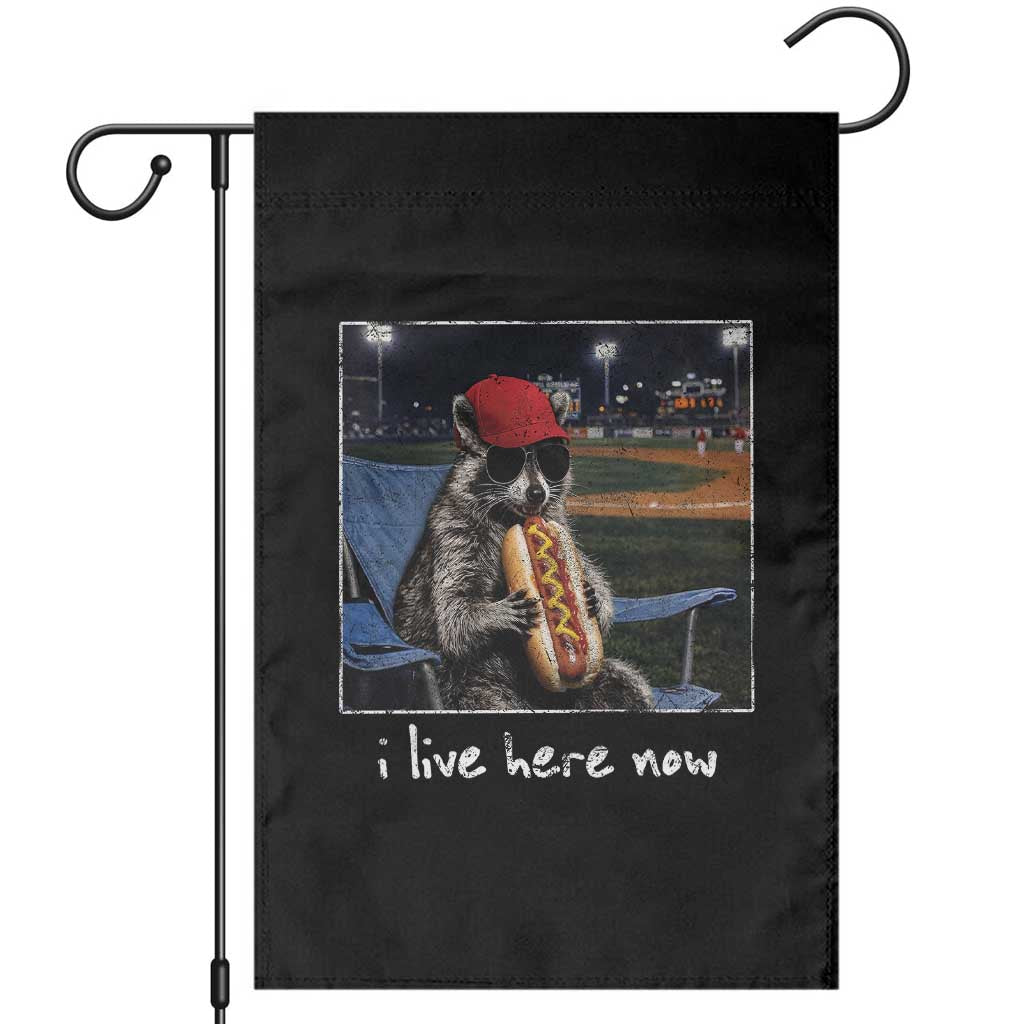 Baseball Raccoon I Live Here Now Garden Flag Funny Trash Panda Eating Hot Dog Ballfield TS11 Black Print Your Wear