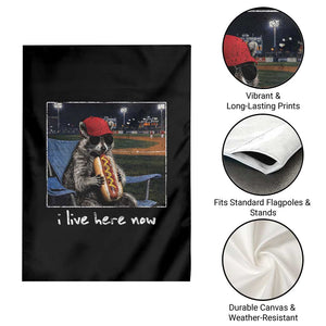 Baseball Raccoon I Live Here Now Garden Flag Funny Trash Panda Eating Hot Dog Ballfield TS11 Print Your Wear
