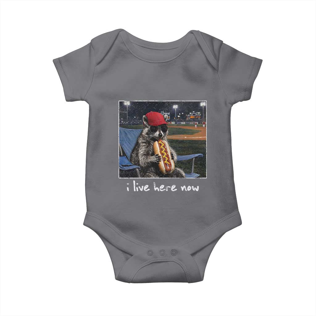 Baseball Raccoon I Live Here Now Baby Onesie Funny Trash Panda Eating Hot Dog Ballfield TS11 Charcoal Print Your Wear