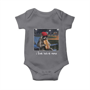 Baseball Raccoon I Live Here Now Baby Onesie Funny Trash Panda Eating Hot Dog Ballfield TS11 Charcoal Print Your Wear