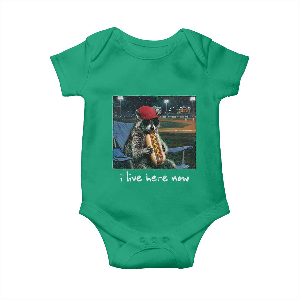 Baseball Raccoon I Live Here Now Baby Onesie Funny Trash Panda Eating Hot Dog Ballfield TS11 Irish Green Print Your Wear