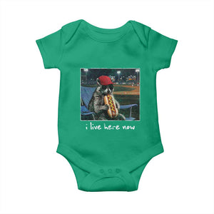 Baseball Raccoon I Live Here Now Baby Onesie Funny Trash Panda Eating Hot Dog Ballfield TS11 Irish Green Print Your Wear