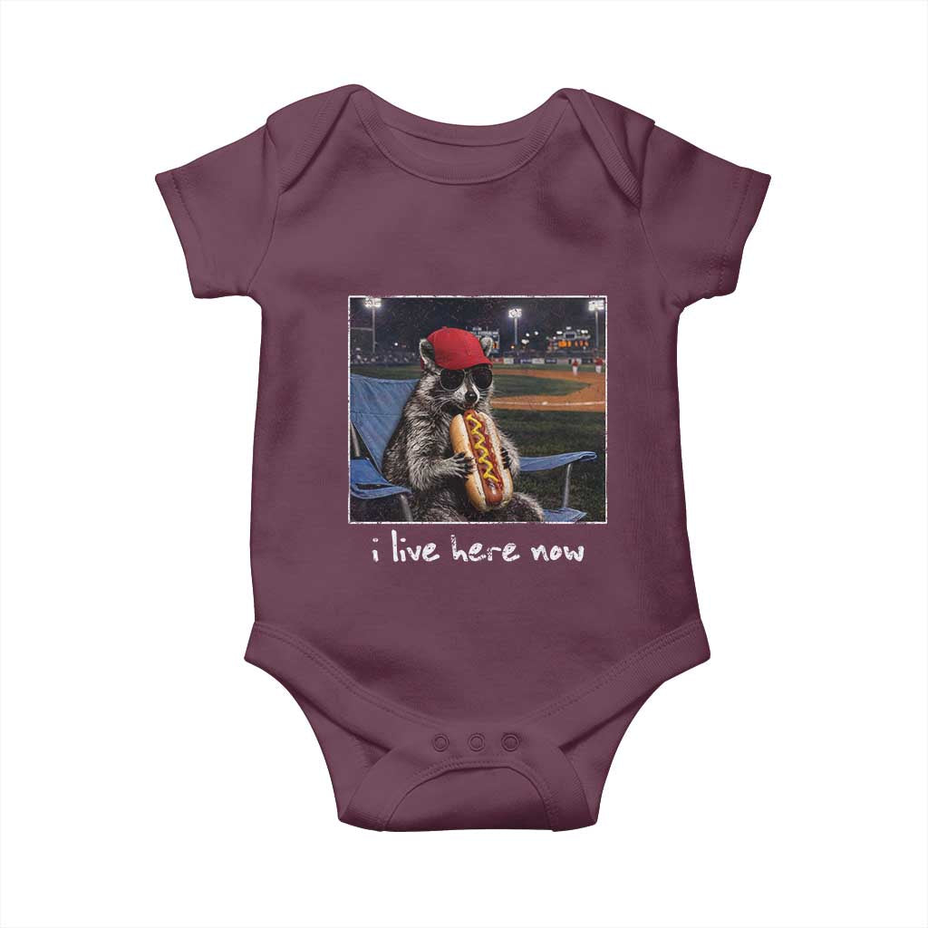 Baseball Raccoon I Live Here Now Baby Onesie Funny Trash Panda Eating Hot Dog Ballfield TS11 Maroon Print Your Wear