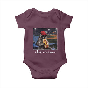 Baseball Raccoon I Live Here Now Baby Onesie Funny Trash Panda Eating Hot Dog Ballfield TS11 Maroon Print Your Wear