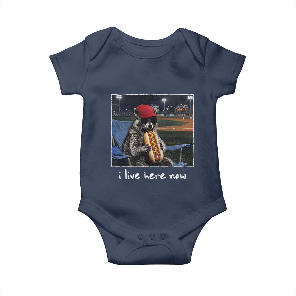 Baseball Raccoon I Live Here Now Baby Onesie Funny Trash Panda Eating Hot Dog Ballfield TS11 Navy Print Your Wear