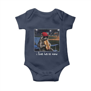 Baseball Raccoon I Live Here Now Baby Onesie Funny Trash Panda Eating Hot Dog Ballfield TS11 Navy Print Your Wear