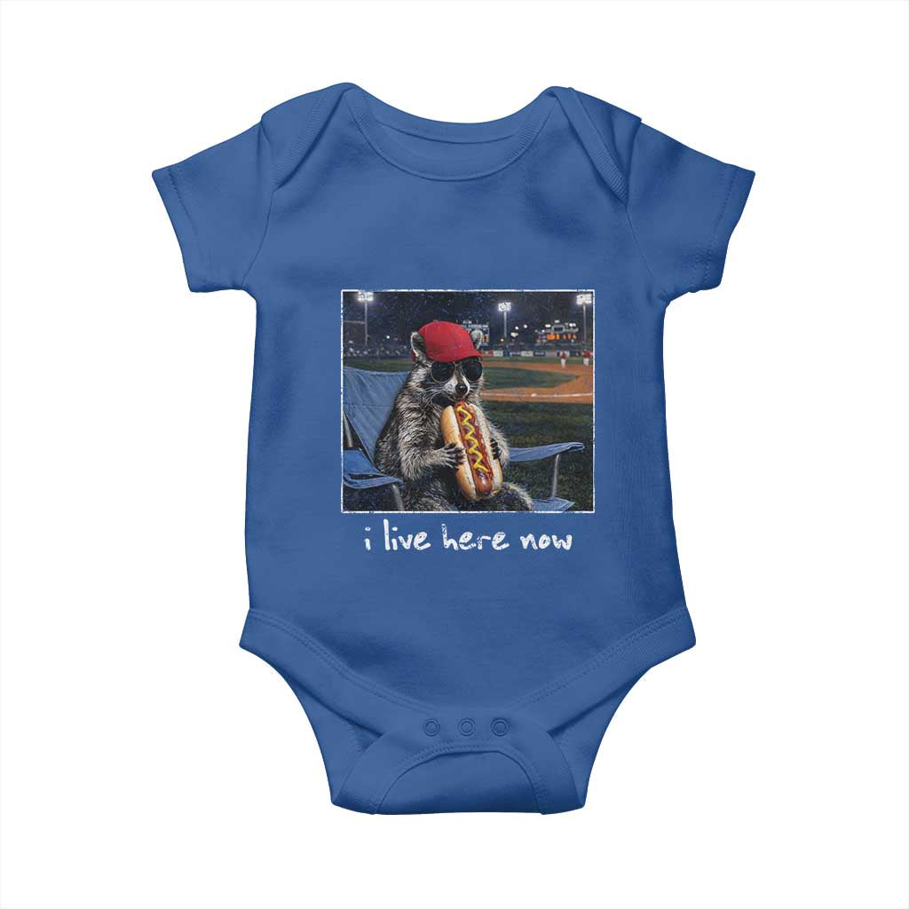 Baseball Raccoon I Live Here Now Baby Onesie Funny Trash Panda Eating Hot Dog Ballfield TS11 Royal Blue Print Your Wear