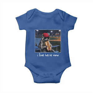 Baseball Raccoon I Live Here Now Baby Onesie Funny Trash Panda Eating Hot Dog Ballfield TS11 Royal Blue Print Your Wear