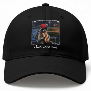 Baseball Raccoon I Live Here Now Baseball Cap Funny Trash Panda Eating Hot Dog Ballfield TS11 Print Your Wear