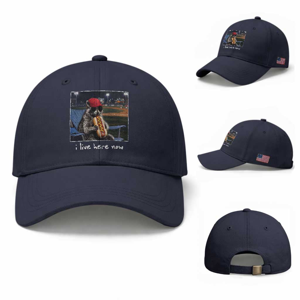 Baseball Raccoon I Live Here Now Baseball Cap Funny Trash Panda Eating Hot Dog Ballfield TS11 Baseball Cap Universal Fit Navy Print Your Wear