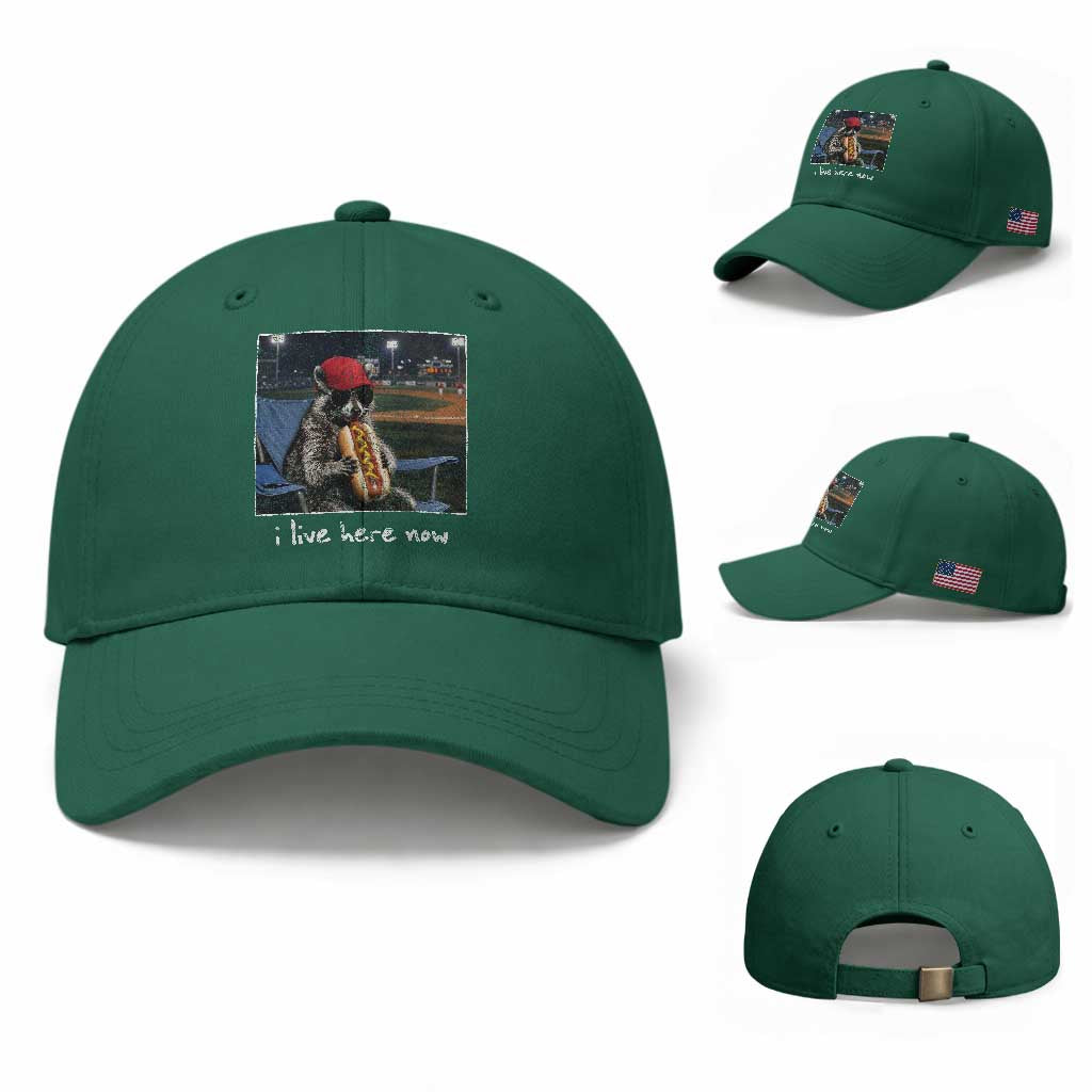 Baseball Raccoon I Live Here Now Baseball Cap Funny Trash Panda Eating Hot Dog Ballfield TS11 Baseball Cap Universal Fit Irish Green Print Your Wear